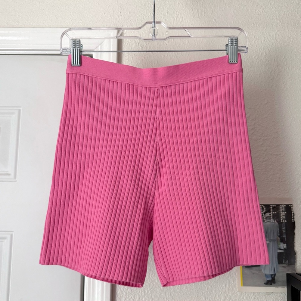 SAINT PARADISO pink rib knit viscose nylon high rise bike shorts‎